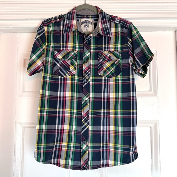 Company 81 Men's Bright Colored Short Sleeve Plaid Shirt Navy Pink Green Medium - Picture 1 of 14
